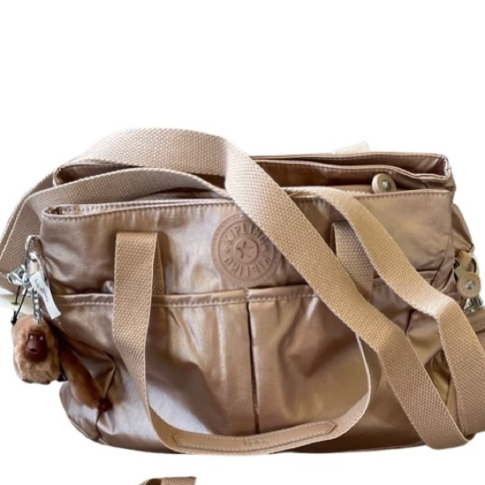 Kipling Kenzie Quartz Metallic Nylon Adjustable Shoulder Bag Monkey Keychain